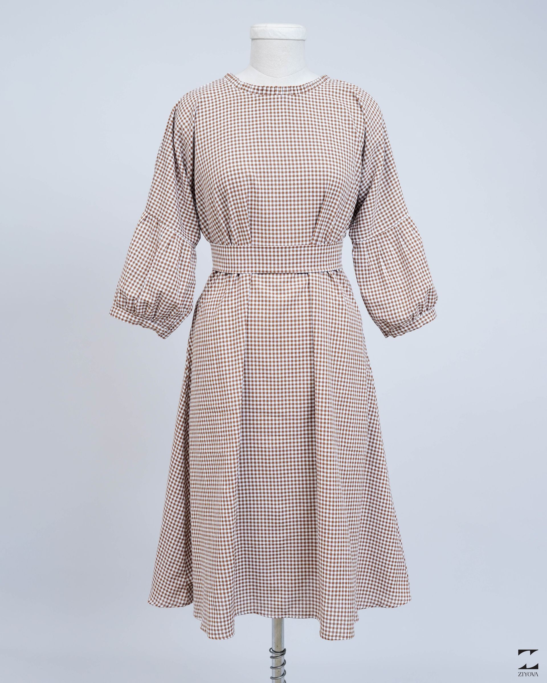 Brown check waist tie dress