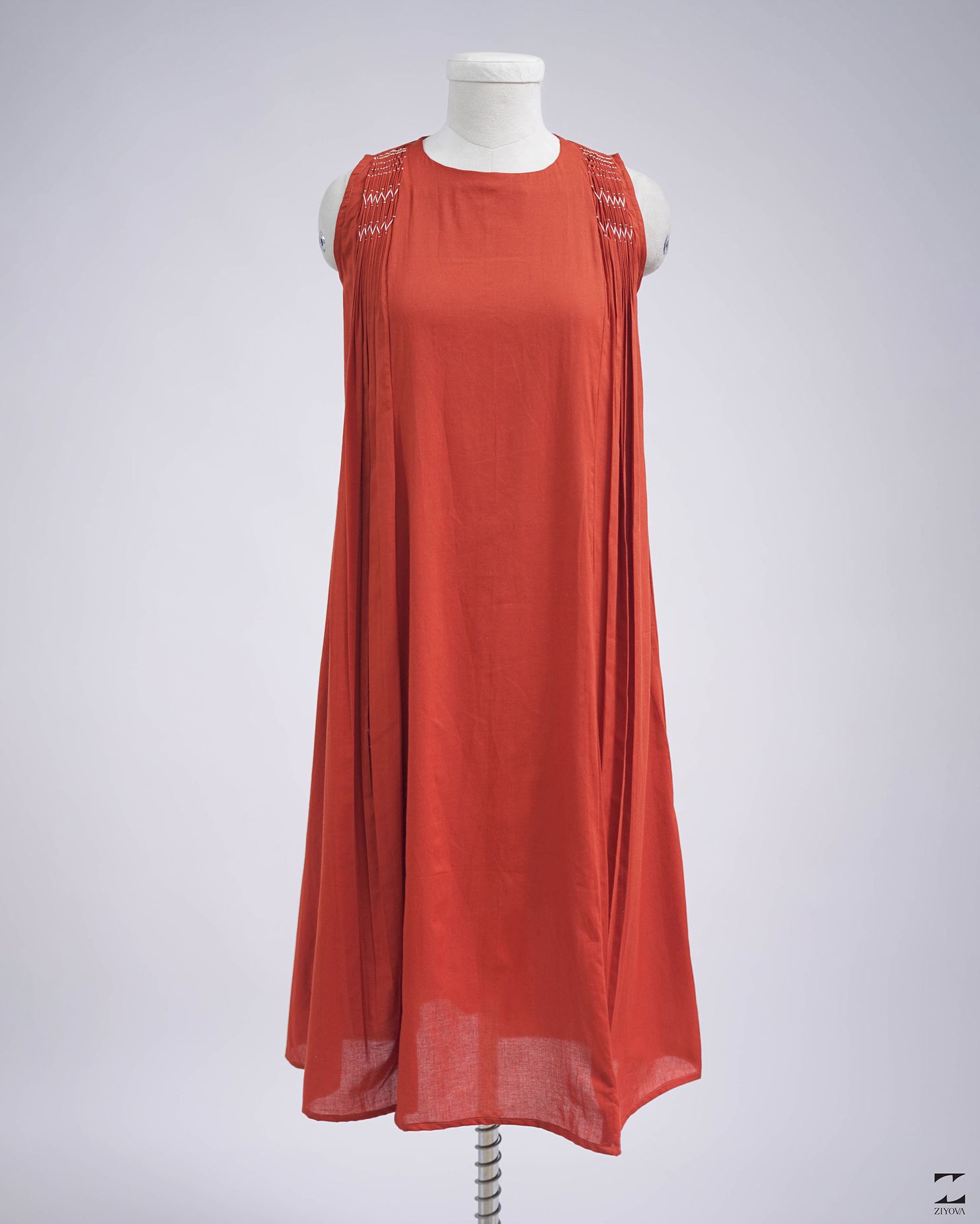 Rust smock pleat dress